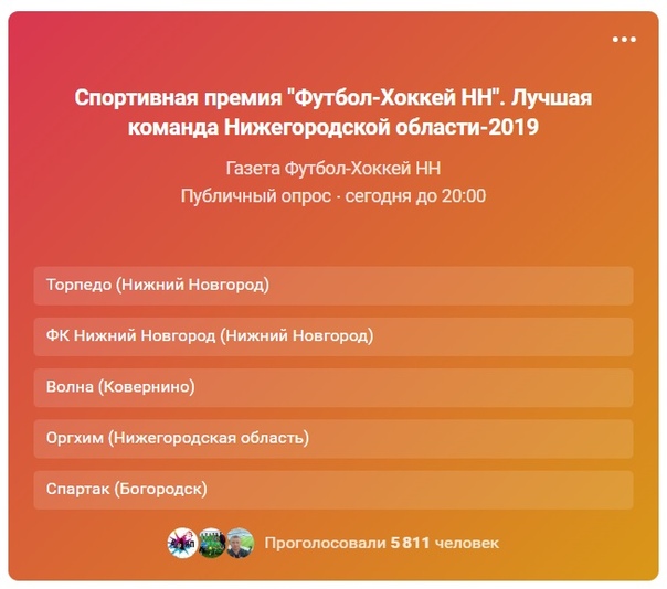 ГОЛОСОВАНИЕ ПО ОПРЕДЕЛЕНИЮ ЛУЧШЕЙ КОМАНДЫ НИЖЕГОРОДСКОЙ ОБЛАСТИ НА СПОРТИВНУЮ ПРЕМИЮ "ФУТБОЛ-ХОККЕЙ НН" БЛИЗИТСЯ К СВОЕМУ ЗАВЕРШЕНИЮ