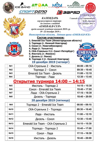 19-22 декабря на ледовой арене "Emerald Ice" пройдет Регулярный турнир «Emerald Cup» среди команд младших юношей 2010 г.р. под эгидой Великой Горьковской Пятерки "Гроза Авторитетов"