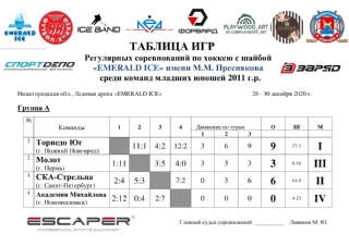 ИТОГИ ГРУППОВОГО ЭТАПА Регулярных соревнований по хоккею с шайбой "EMERALD ICE" имени М.М. Преснякова среди команд младших юношей 2011 г.р