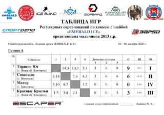 ИТОГИ ГРУППОВОГО ЭТАПА Регулярных соревнований по хоккею с шайбой "EMERALD ICE" среди команд мальчиков 2013 г.р