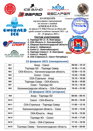22 февраля - 25 февраля на Ледовой Арене "Emerald Ice" пройдут Регулярные соревнования по хоккею с шайбой "Emerald Ice" на призы Главного управления МВД России по Нижегородской области среди команд младших юношей 2011 г.р.