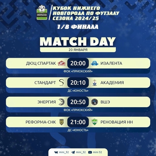 20 ЯНВАРЯ СОСТОЯТСЯ МАТЧИ 1/8 ФИНАЛА КУБКА НИЖНЕГО НОВГОРОДА И..